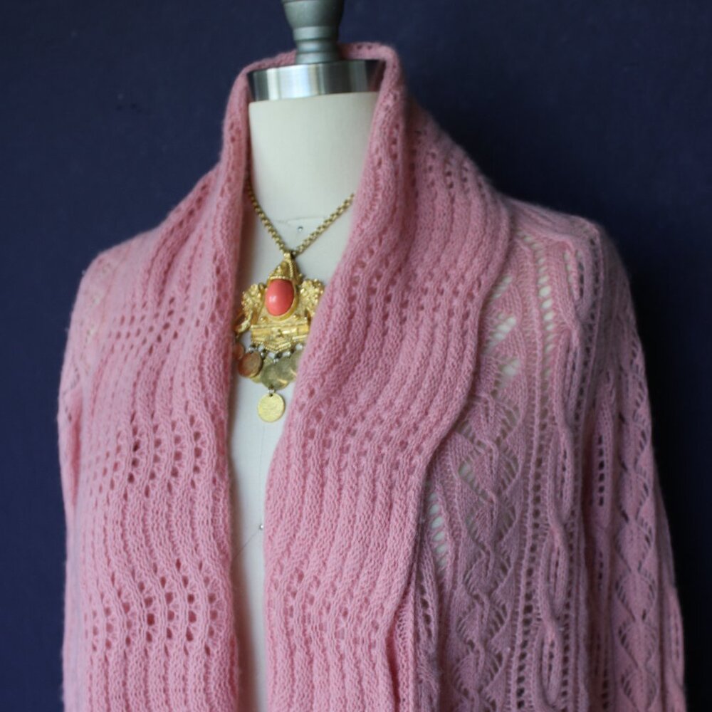 Calypso St Barth Cashmere Cardigan sweater waterfall pink crochet macreme nude M - Picture 5 of 9